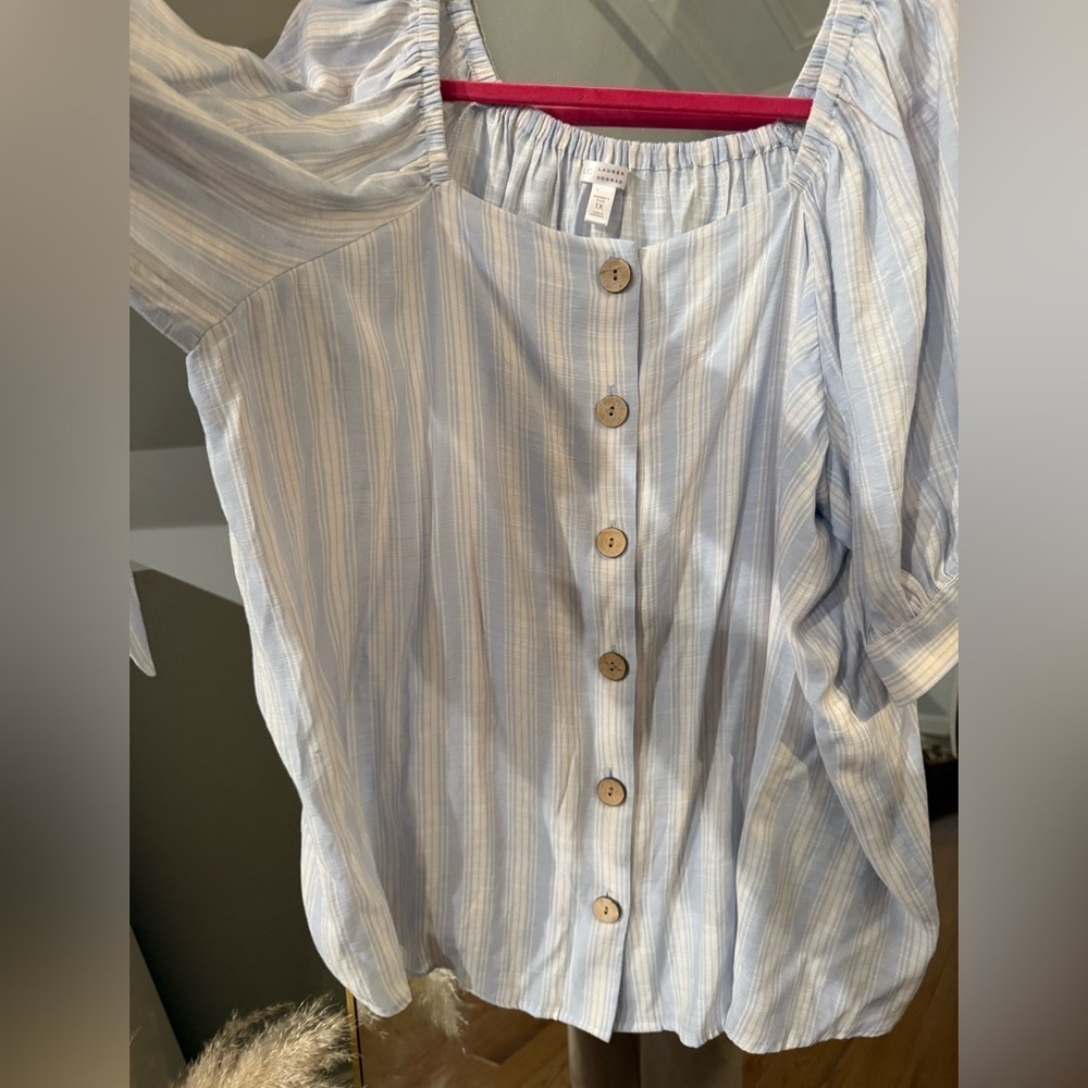 LC Lauren Conrad Light Blue Striped Blouse - Picture 5 of 7